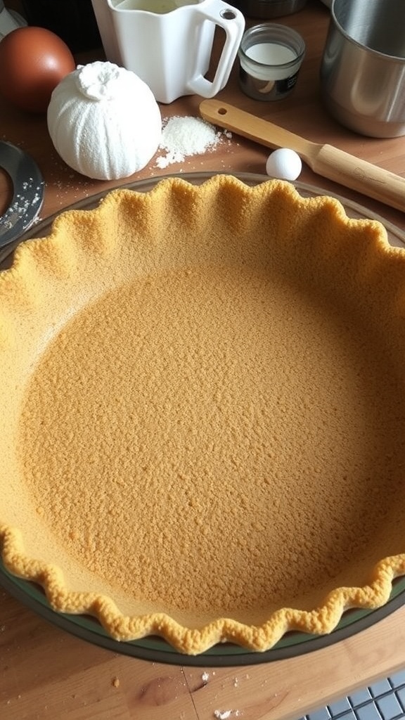 A golden-brown graham cracker crust in a pie pan, ready for filling.